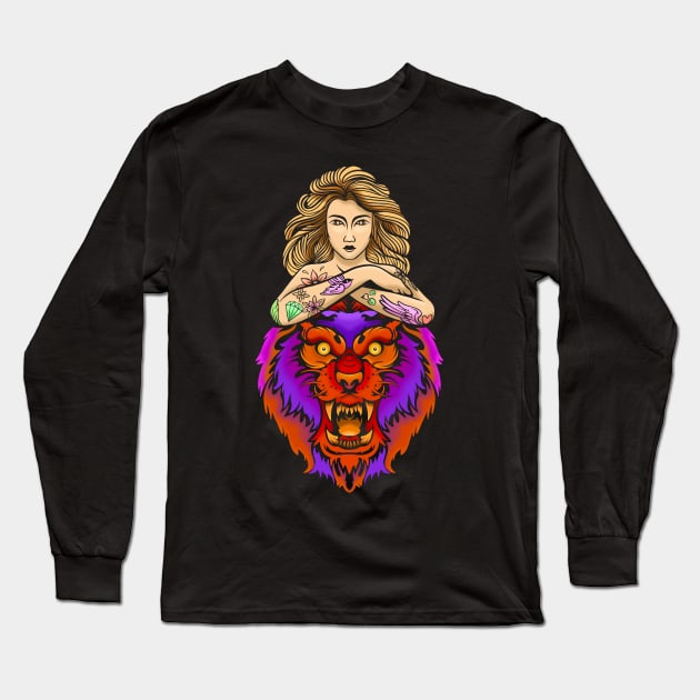 LION GIRL TATTOO Long Sleeve T-Shirt by AWANG ART STUDIO